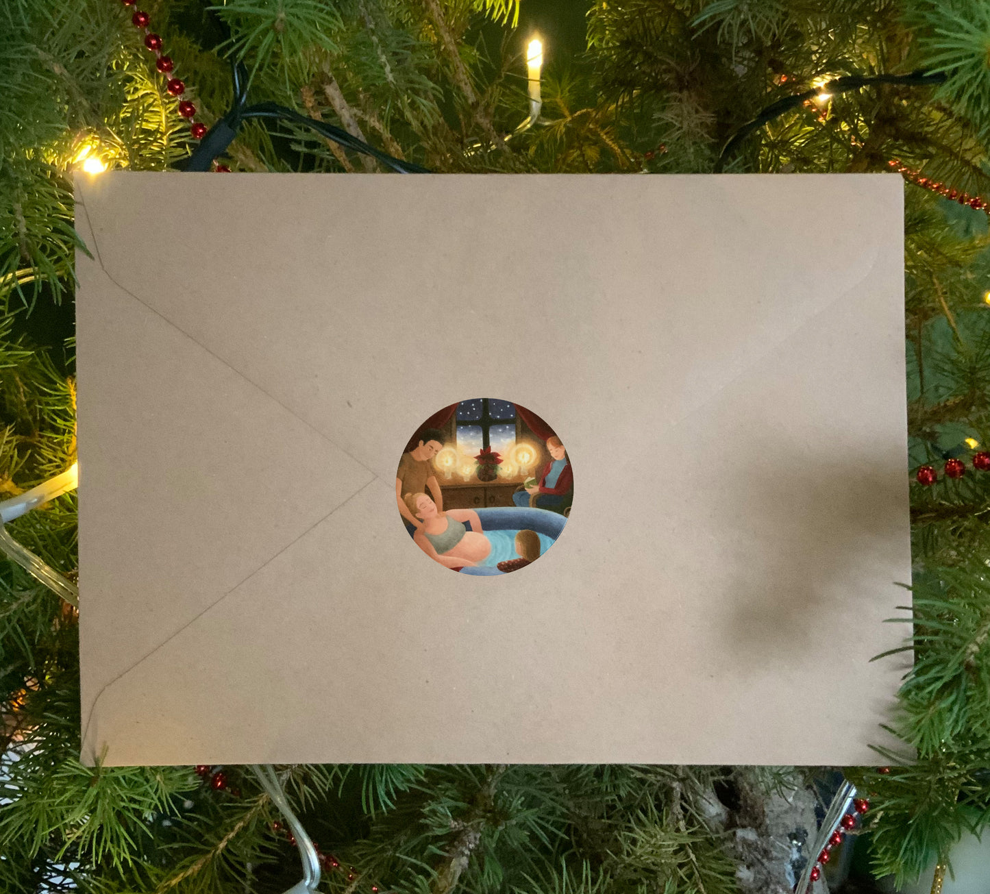 "Vertrautheit" - Sticker, rund - winterliche Hausgeburt