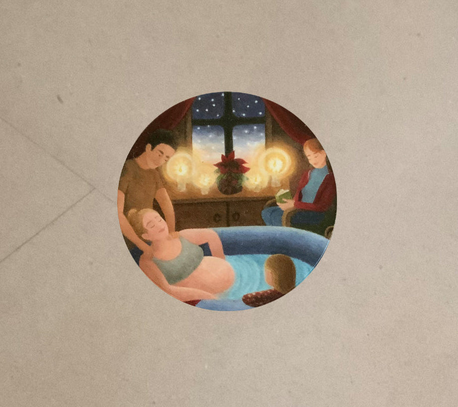 "Vertrautheit" - Sticker, rund - winterliche Hausgeburt