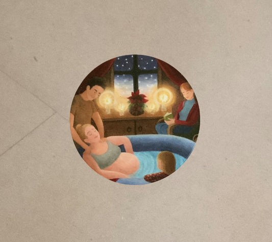 "Vertrautheit" - Sticker, rund - winterliche Hausgeburt